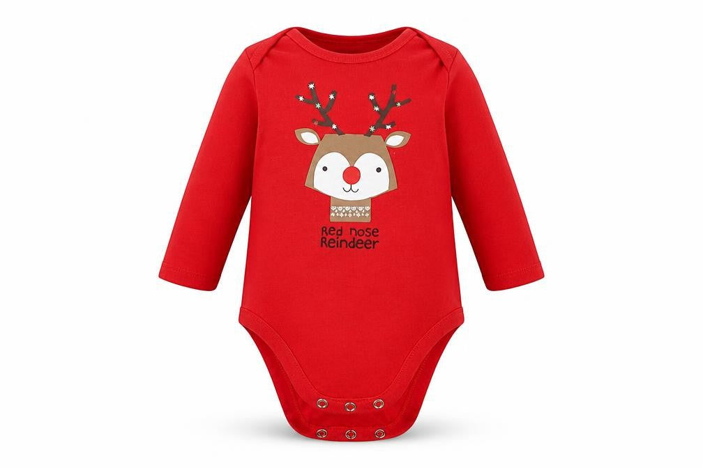 Front view of F&F boys’ red babygrow one-piece, size 6-9, months - christmas babygrow