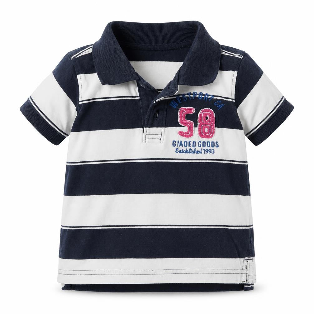 Front view of H&M boys’ blue striped basic polo, size 9-12, months