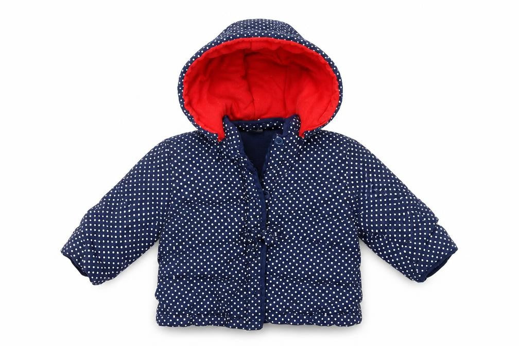 Front view of Jack & Lily girls’ blue polka dot jacket, size 6-9, months