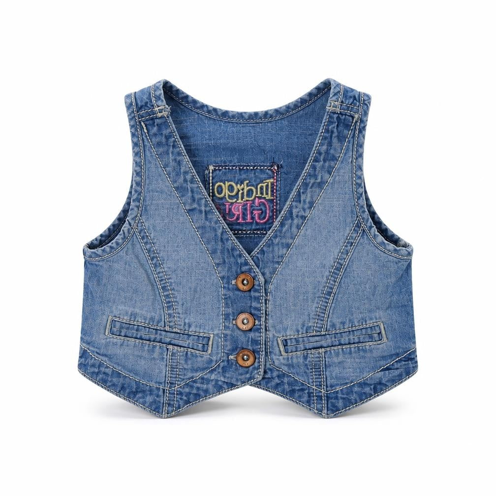 Front view of Indigo girls’ blue gilet jacket, size 12-18, months