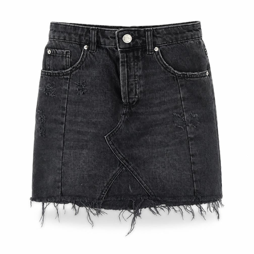 Front view of Miss Selfridge women’s black denim mini skirt, size UK 6