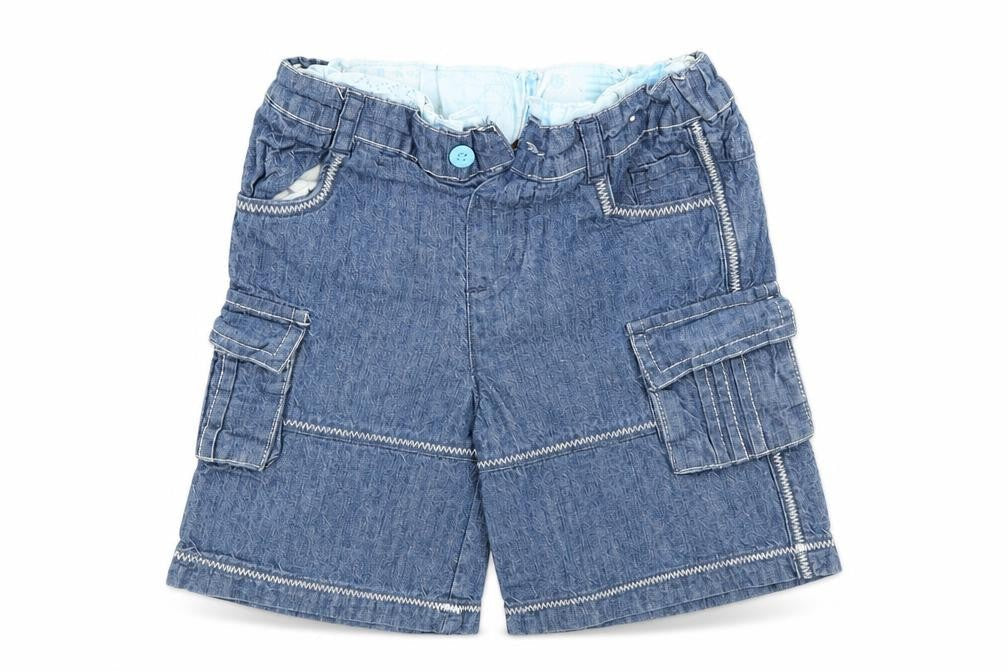 Front view of Mini mode boys’ blue capri jeans, size 9-12, months