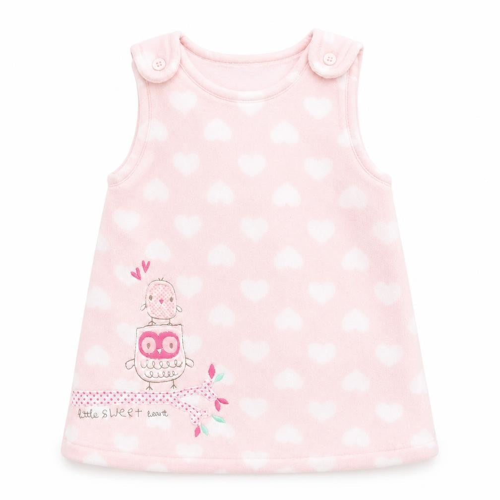 Front view of Miniclub girls’ pink pinafore/dungaree dress, size 0-3, months - owl logo & hearts
