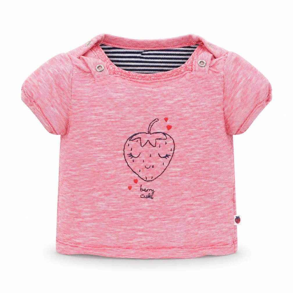 Front view of Mothercare girls’ red basic t-shirt, size 0-3, months - strawberry logo