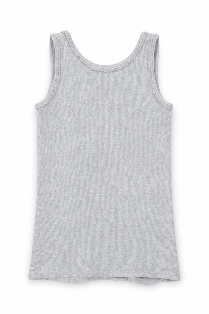 Front view of I love girls’ wear girls grey rayon basic t-shirt, size 8-9, years