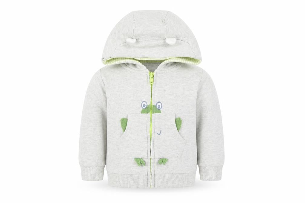 Front view of M Baby Grey Full Zip Jumper, size 3-6, Months - frog