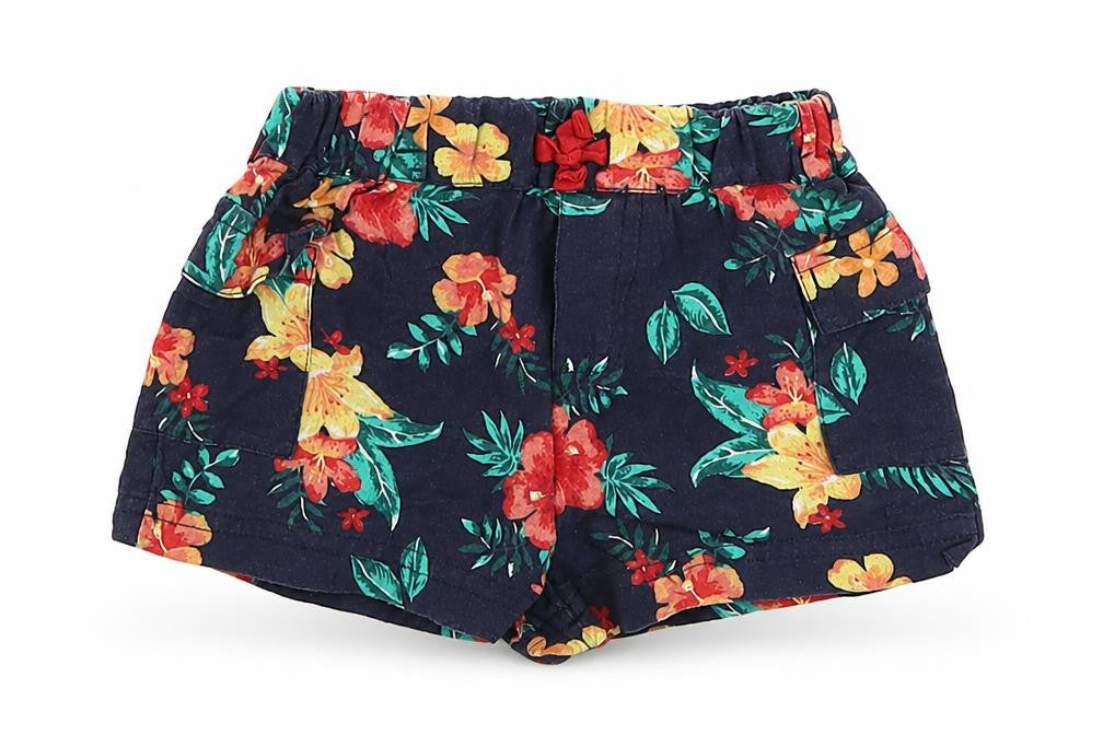 Front view of Nutmeg girls’ blue floral cropped trousers, size 6-9, months