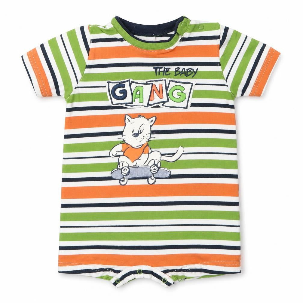 Front view of TUP TUP boys’ green striped romper one-piece, size 0-3, months - orange the baby gang cat