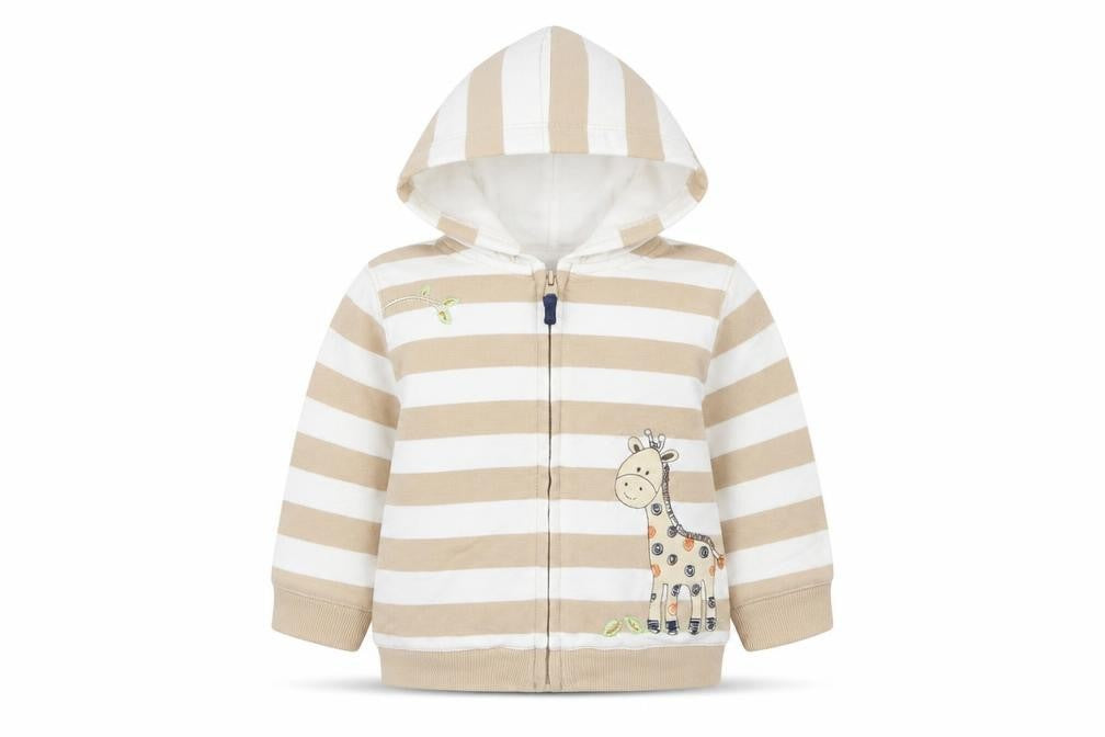 Front view of Little Me boys’ beige striped jacket, size 6-9, months