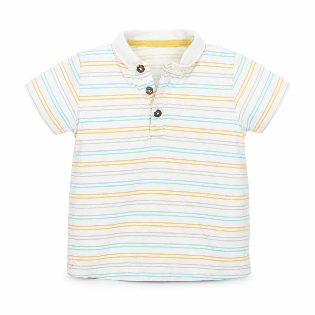 Front view of Matalan boys’ white striped basic t-shirt, size 24, months