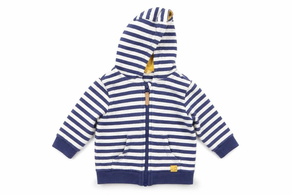 Front view of John Lewis boys’ multicoloured striped full zip jumper, size 0-3, months