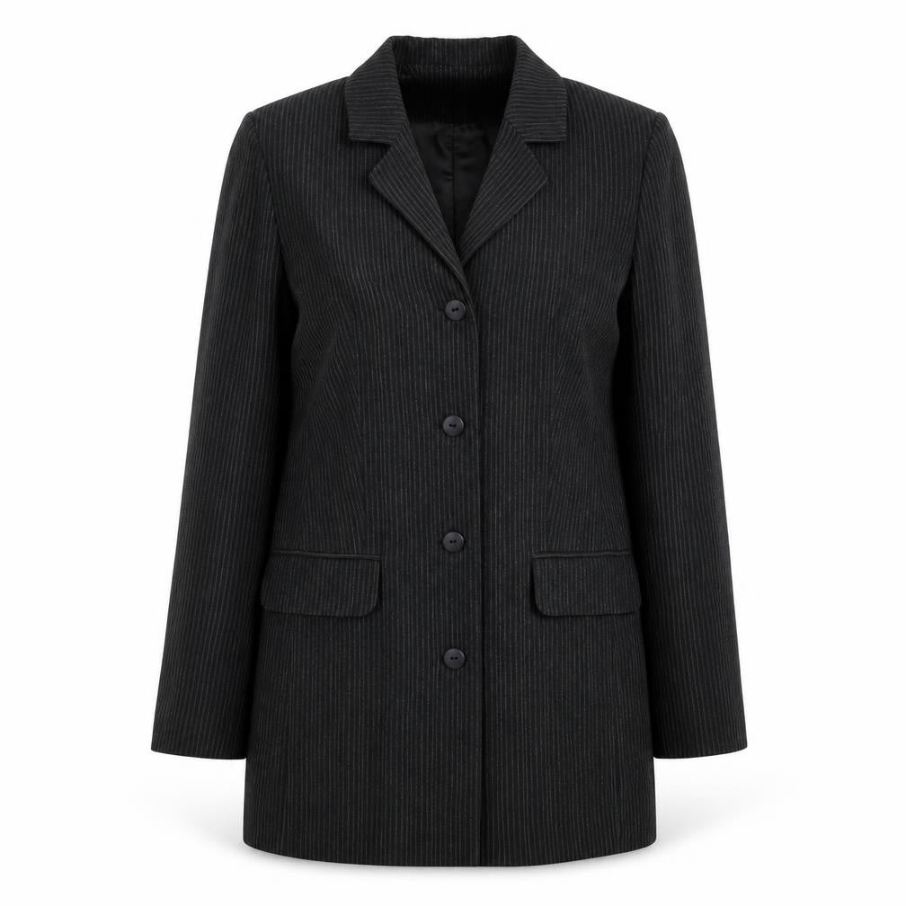 Front view of FASHION EXTRA women’s black striped jacket blazer, size UK 12