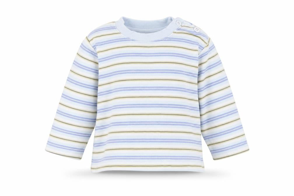 Front view of Early Days Baby Blue Striped Basic T-Shirt, size 3-6, Months