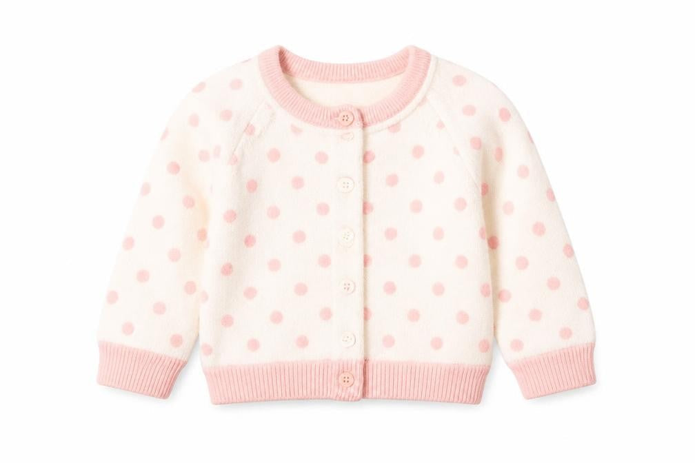 Front view of Gap girls’ pink polka dot cardigan jumper, size 3-6, months