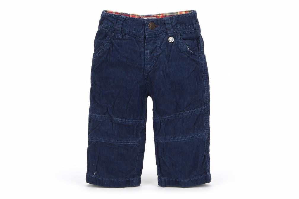 Front view of mamas & papas boys’ blue cargo trousers, size 6-9, months - cord fabric
