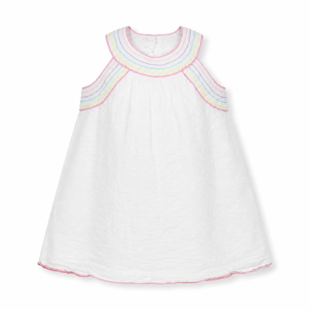 Front view of Minoti girls’ white shift, size 18-24, months