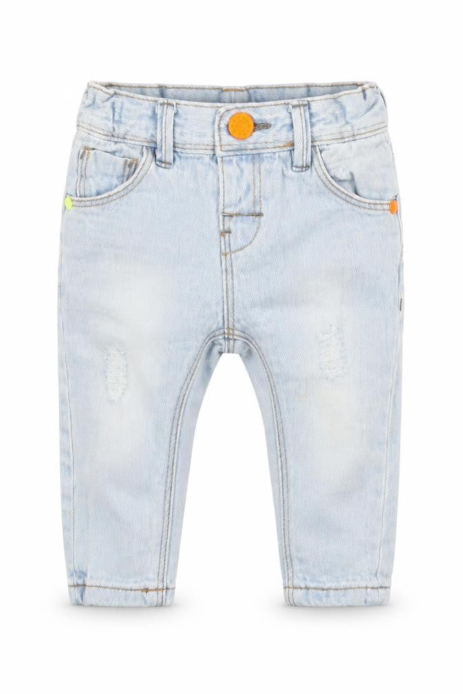 Front view of Next boys’ blue denim cargo jeans, size 3-6, months