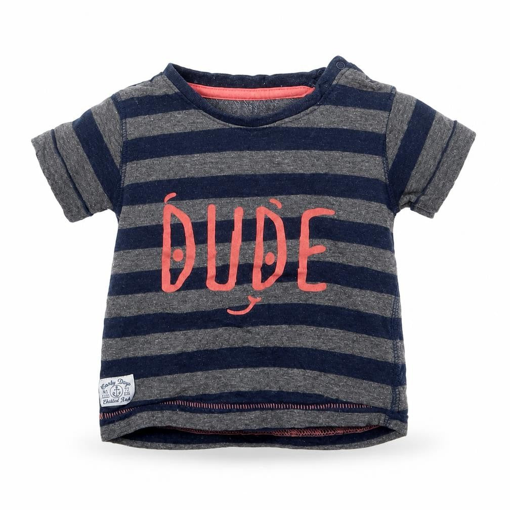 Front view of Early Days boys’ blue striped basic t-shirt, size 9-12, months