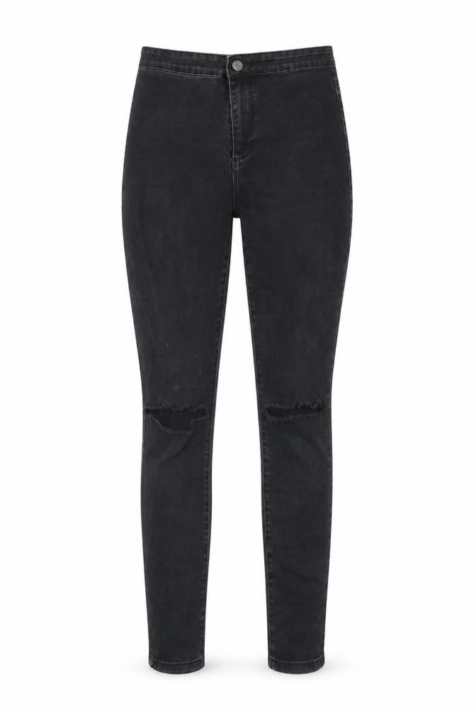Front view of Denim & Co. women’s black denim skinny jeans, size UK 12, 28-inch leg