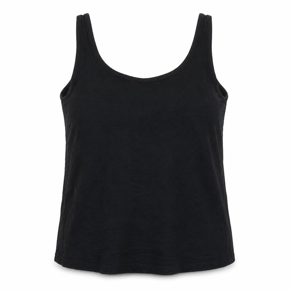 Front view of ASOS women’s black basic tank, size UK 10