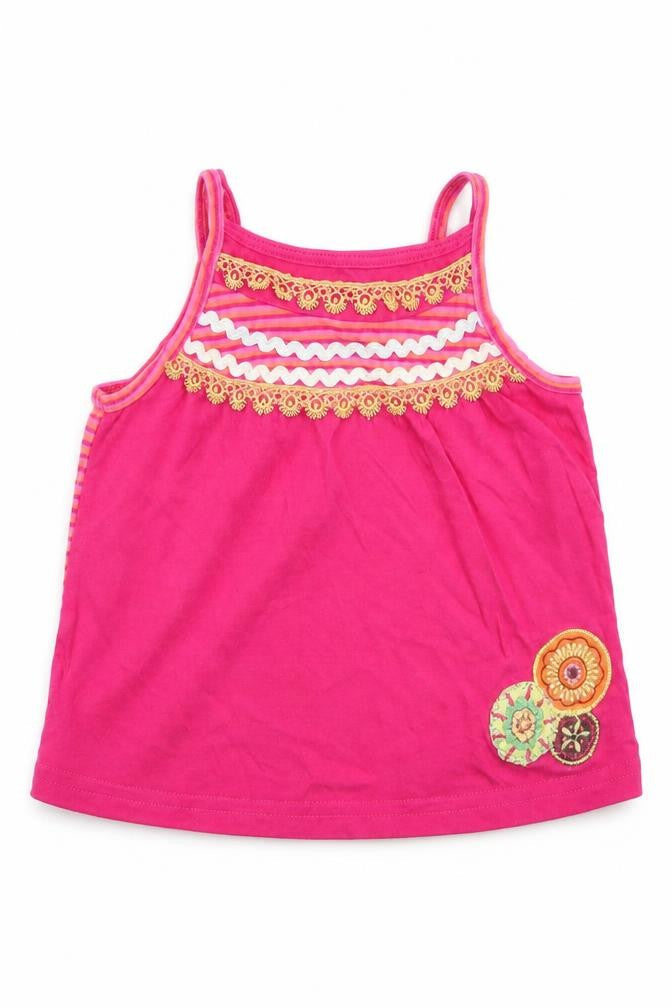 Front view of Matalan girls’ pink floral basic tank, size 9-12, months