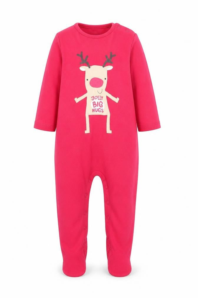 Front view of F&F boys’ red animal print babygrow one-piece, size 12-18, months - reindeer