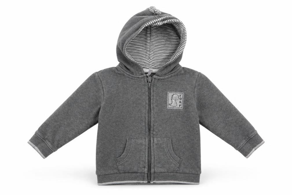 Front view of George boys’ grey animal print full zip jumper, size 6-9, months - dinasour hood
