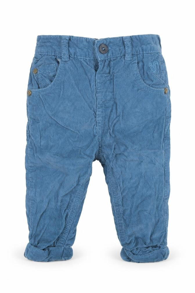 Front view of BHS boys’ blue velvet cargo trousers, size 9-12, months