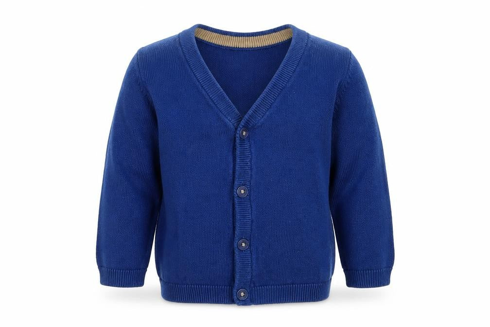 Front view of H&M boys’ blue knit cardigan jumper, size 6-9, months