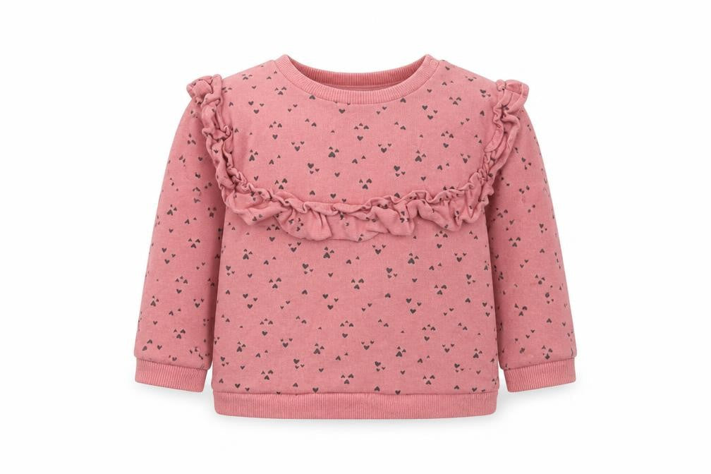 Front view of H&M girls’ pink jumper, size 9-12, months