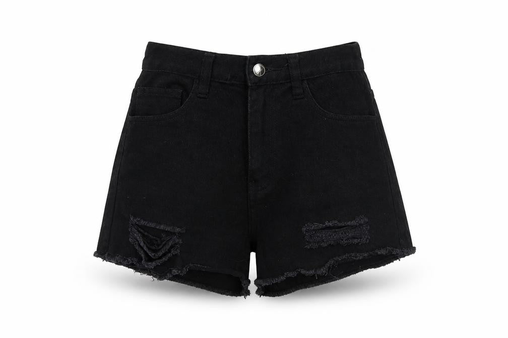 Front view of Missguided women’s black denim mom shorts, size UK 8
