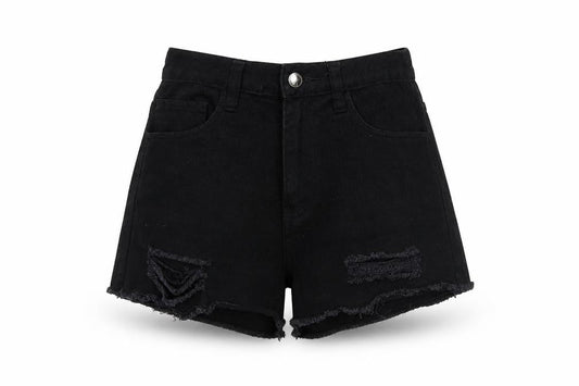 Front view of Missguided women’s black denim mom shorts, size UK 8