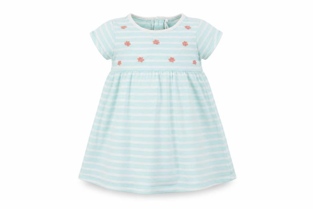 Front view of Tu girls’ green striped t-shirt dress, size 18-24, months