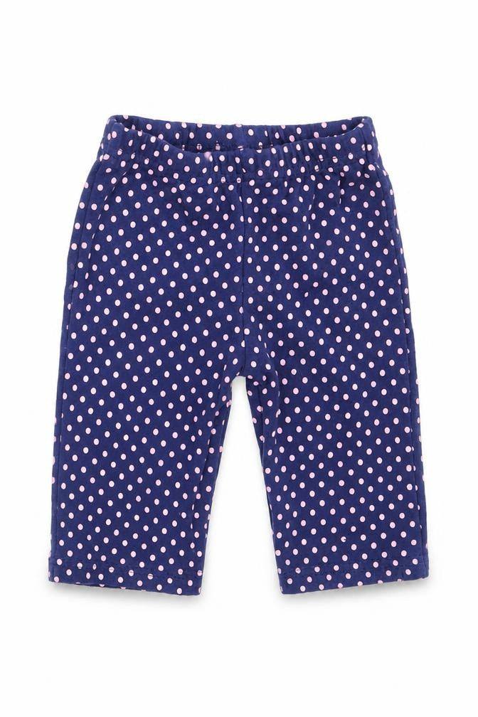 Front view of Preworn girls’ blue polka dot leggings, size 3-6, months