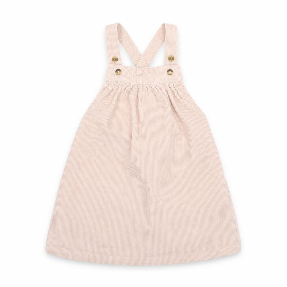 Front view of Marks & Spencer girls’ pink corduroy pinafore/dungaree dress, size 6-9, months