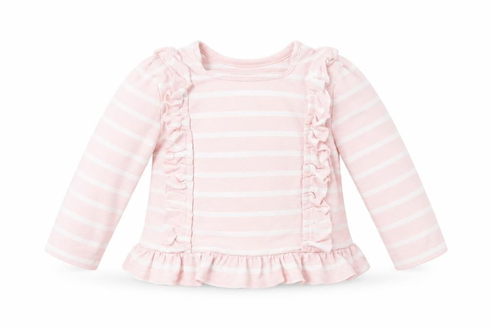Front view of Maine New England girls’ pink striped basic t-shirt, size 3-6, months