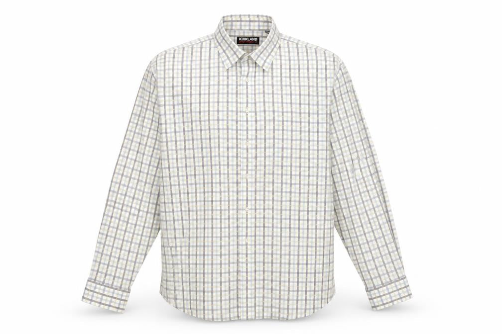Front view of Kirkland men’s white check button-up, size L