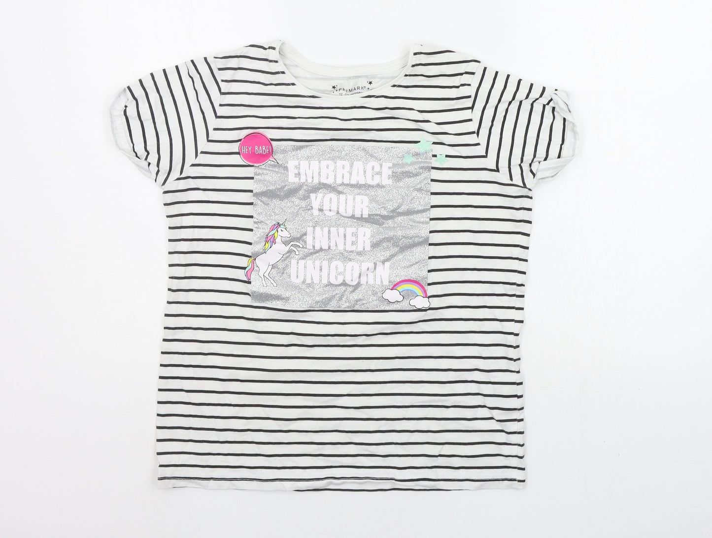 Primark Girls White Striped  Basic T-Shirt Size 12-13 Years  - shiny details