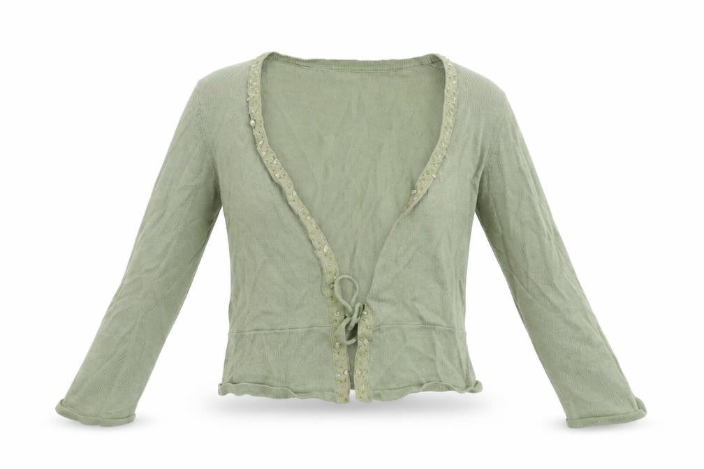 Front view of Principles women’s green cardigan jumper, size UK 10