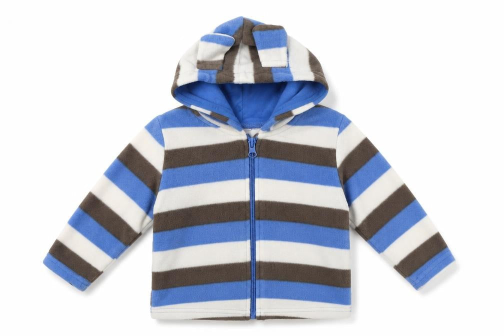 Front view of Preworn Baby Blue Striped Full Zip Jumper, size 12-18, Months