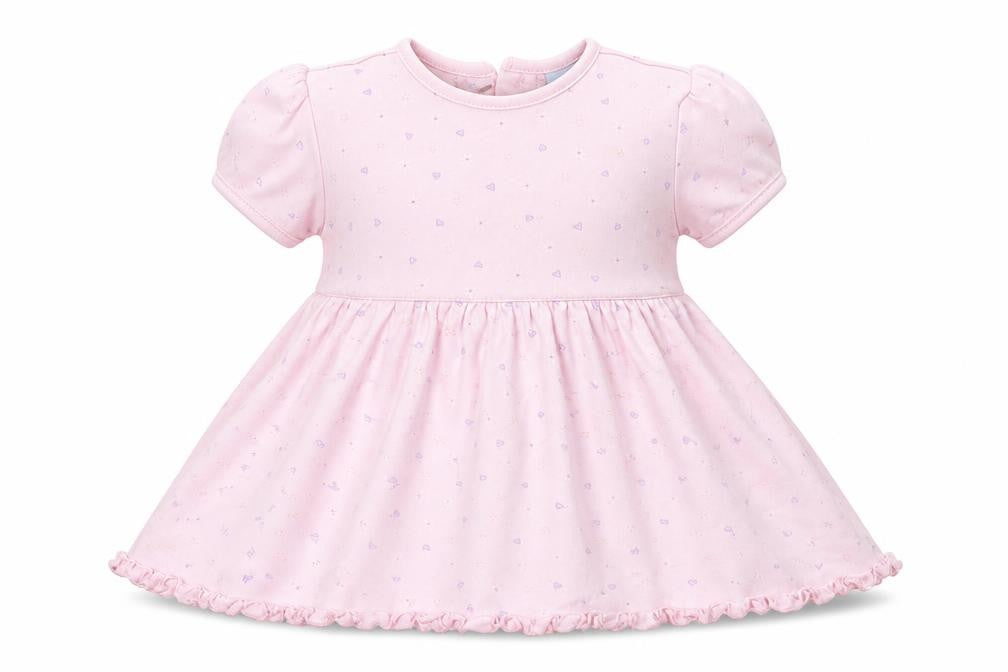 Front view of Cherokee girls’ pink geometric skater dress, size 9-12, months - love hearts