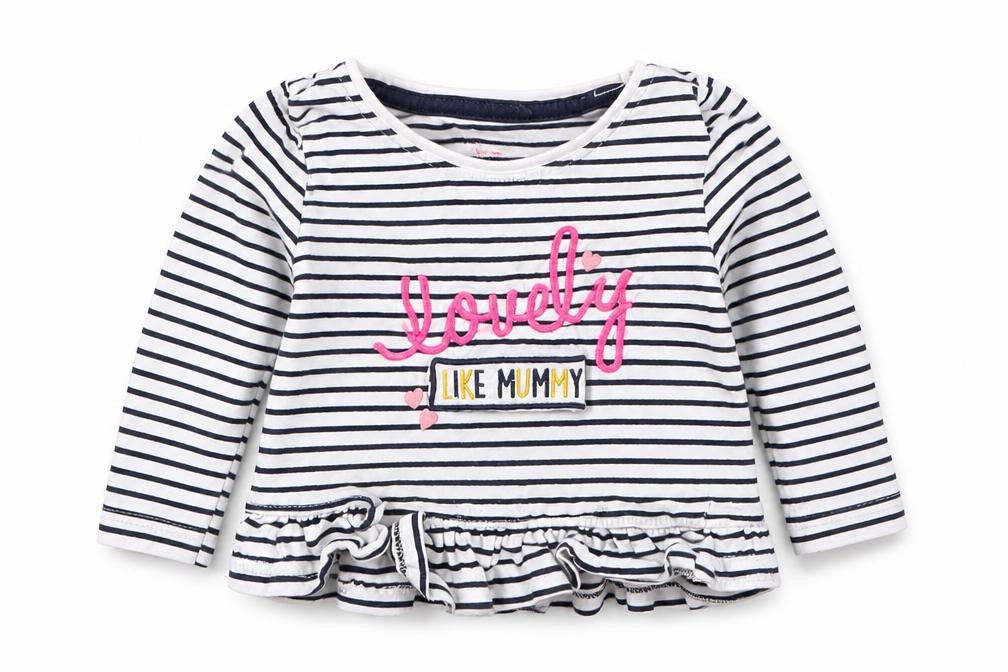Front view of Primark girls’ blue striped basic t-shirt, size 9-12, months - lovely like mummy