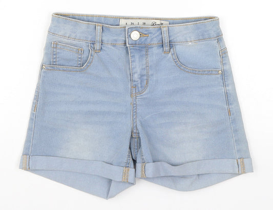 Additional front view of Denim Co women’s blue denim hot pants shorts, size UK 6