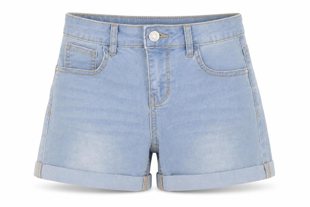 Front view of Denim Co women’s blue denim hot pants shorts, size UK 6