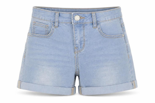 Front view of Denim Co women’s blue denim hot pants shorts, size UK 6