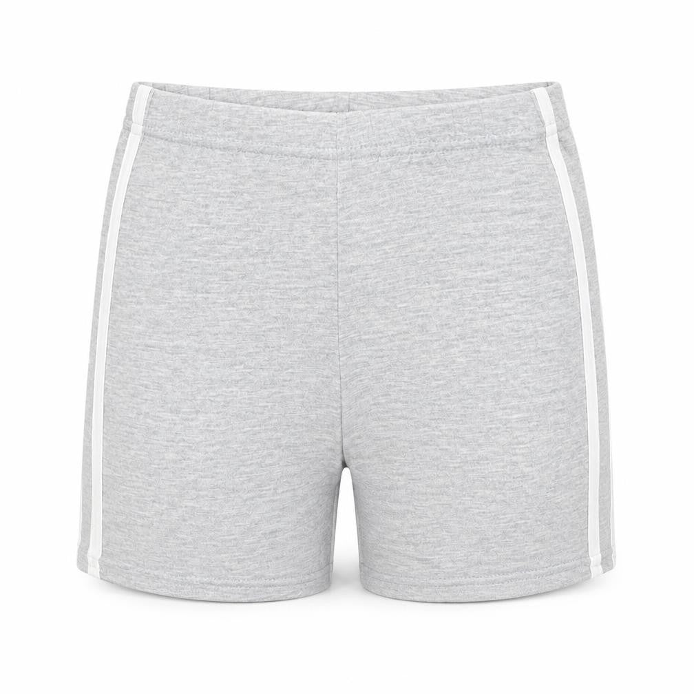 Front view of I SAW IT FIRST women’s grey striped biker shorts, size UK 23, in