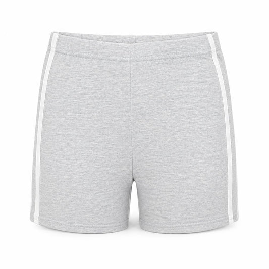 Front view of I SAW IT FIRST women’s grey striped biker shorts, size UK 23, in