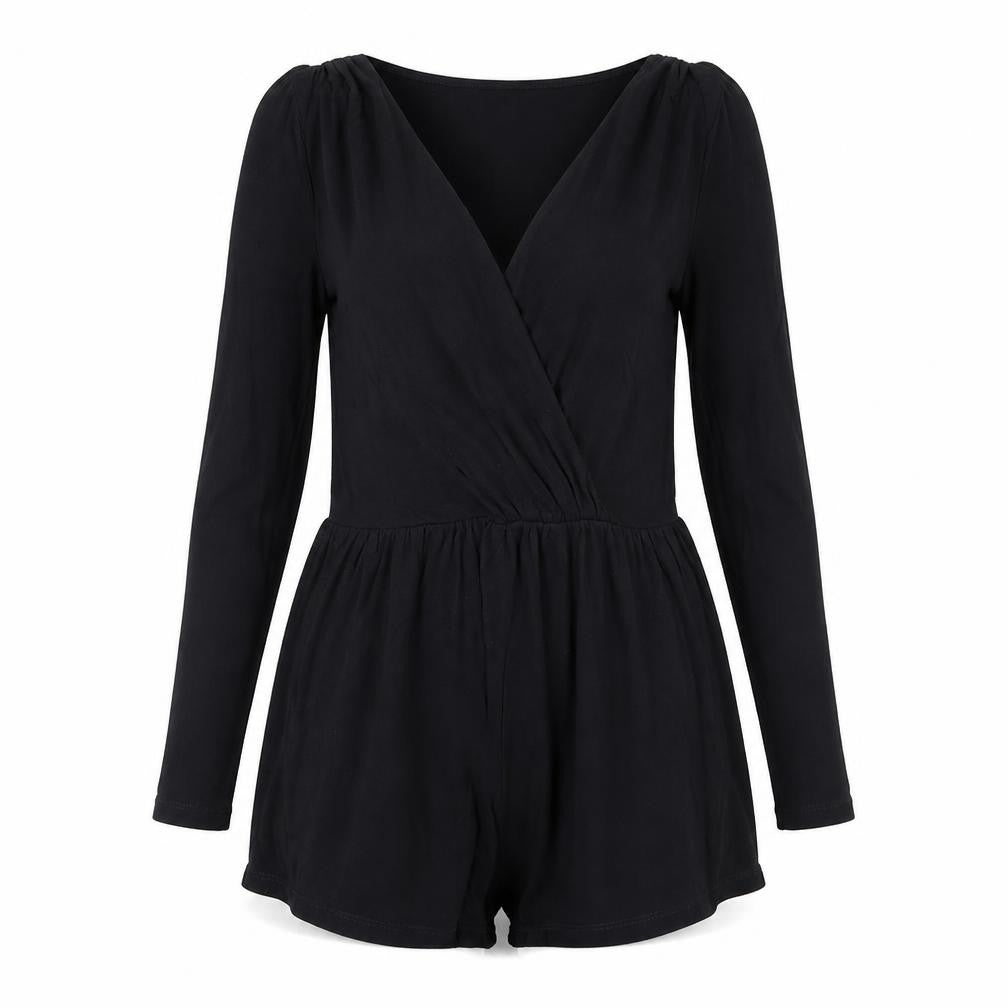 Front view of ASOS women’s black playsuit one-piece, size UK 6, 4-inch leg