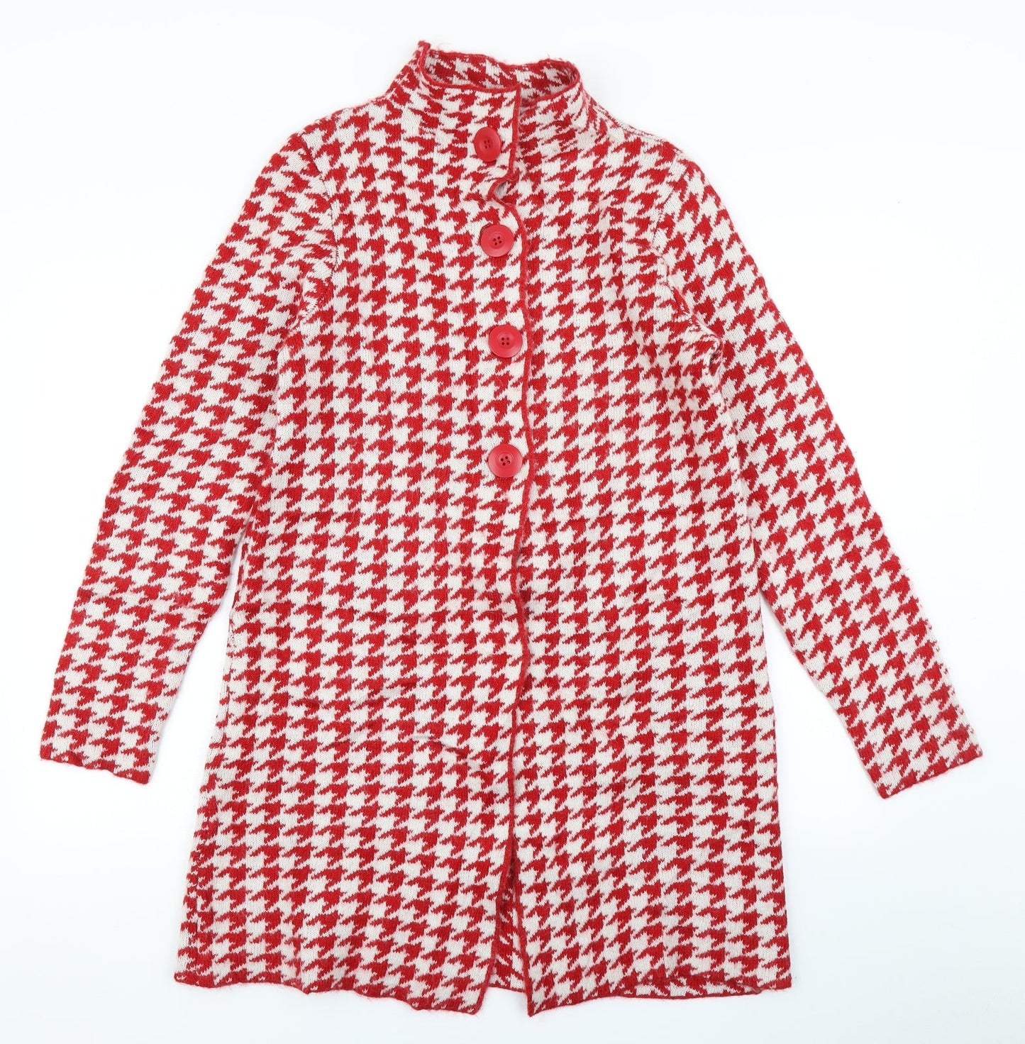 Kenar Womens Red Houndstooth Knit Cardigan Jumper Size L