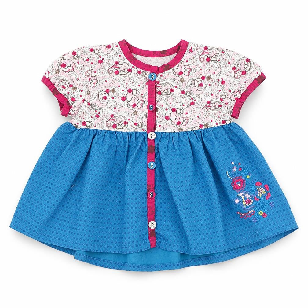 Front view of mamas & papas girls’ blue floral skater dress, size 3-6, months